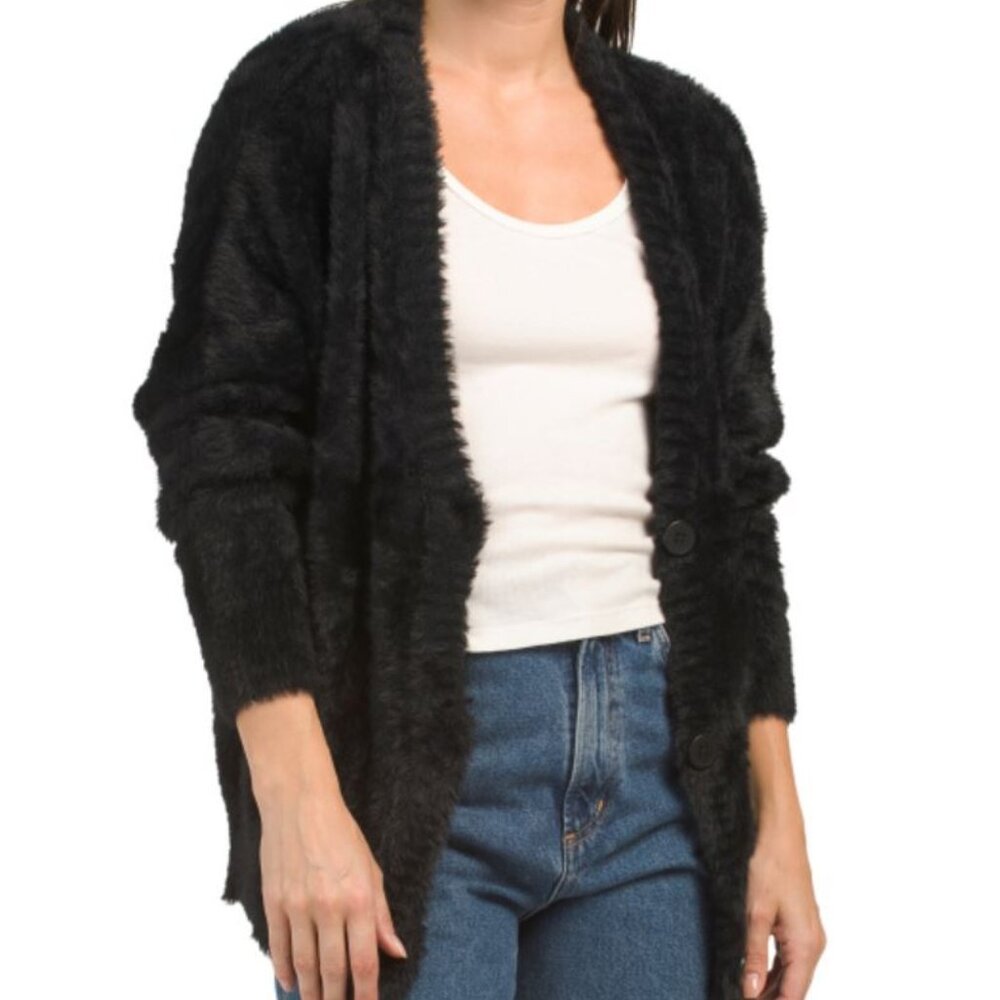 NWT CLOTH & STONE Black Eyelash Fuzzy Cozy V-Neck Button up Cardigan Size XS